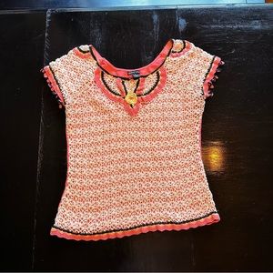 Vintage Retro Gaby & Eden Large Pink and Cream White Crochet Knit Top Boho